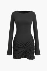 Solid Ruffle Ruched Twist Long Sleeve Mini Dress