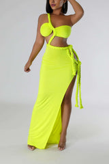 Ruched Cut Out Twist Tie Knot Slit Maxi Dress