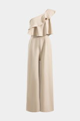 Solid Ruffle Zipper One Shoulder Sleeveless Jumpsuit