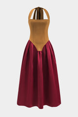 Contrast Satin Pleated Tie-Up Maxi Dress