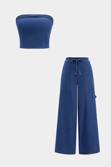 Denim Tube Top And Ruched Tie Front Pocket Wide Leg Jeans Set