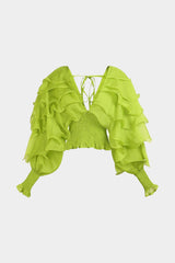 Chiffon Scallop Edge Shirred Tie-Up Gigot Sleeve Long-Sleeve Shirt