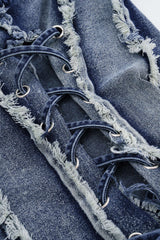 Asymmetric Frayed Denim Mini Dress