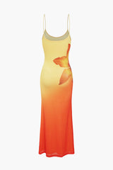 Ombre Floral Print Mesh Slip Sleeveless Maxi Dress