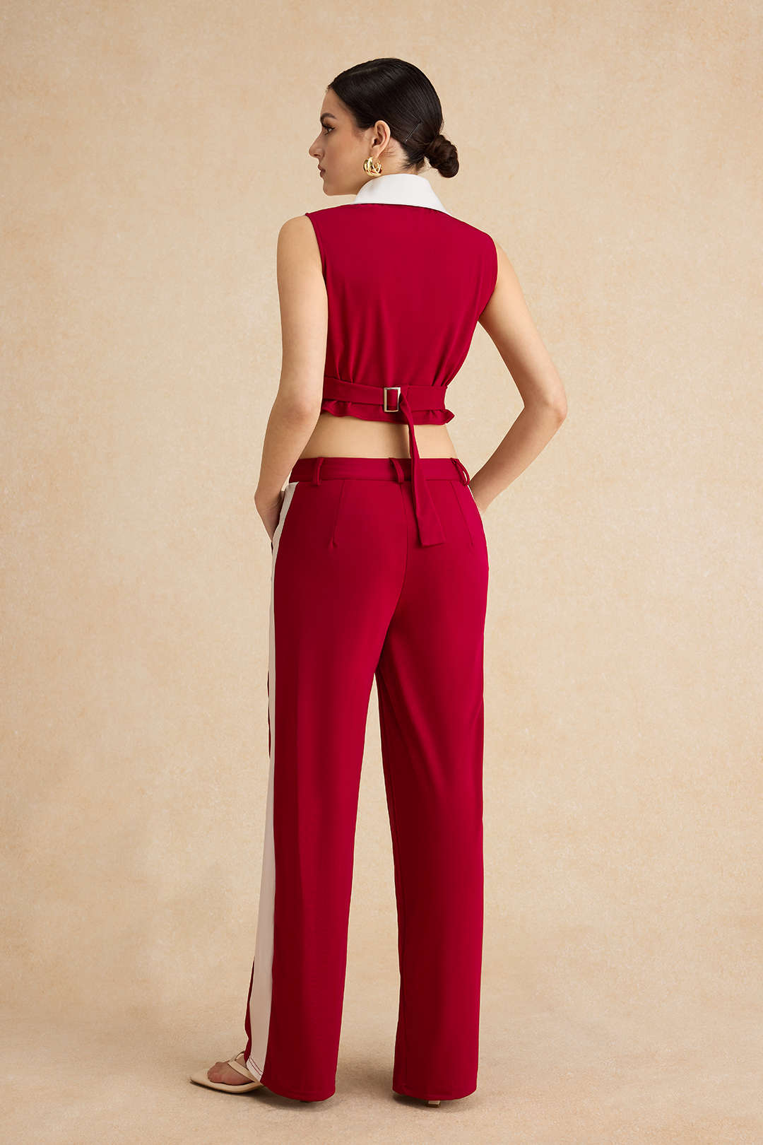 Patchwork Button Tie Back Sleeveless Top And Zipper Pocket Trousers Set