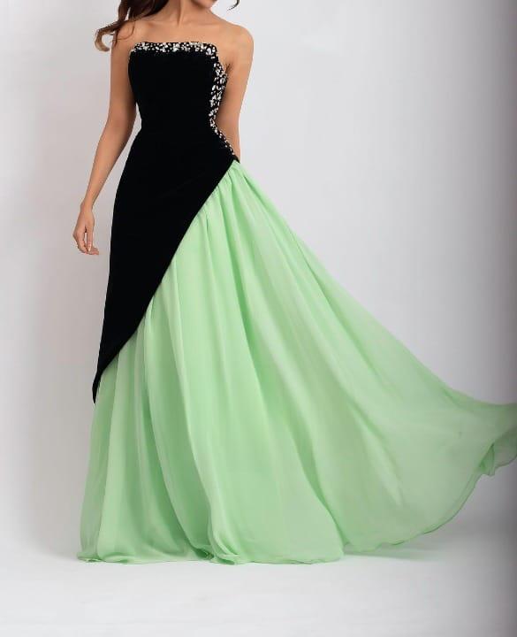 Strapless color-block gown with embellished bodice – Poleno