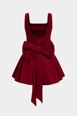Velvet Pleated Bow Backless Zipper Slip Mini Dress