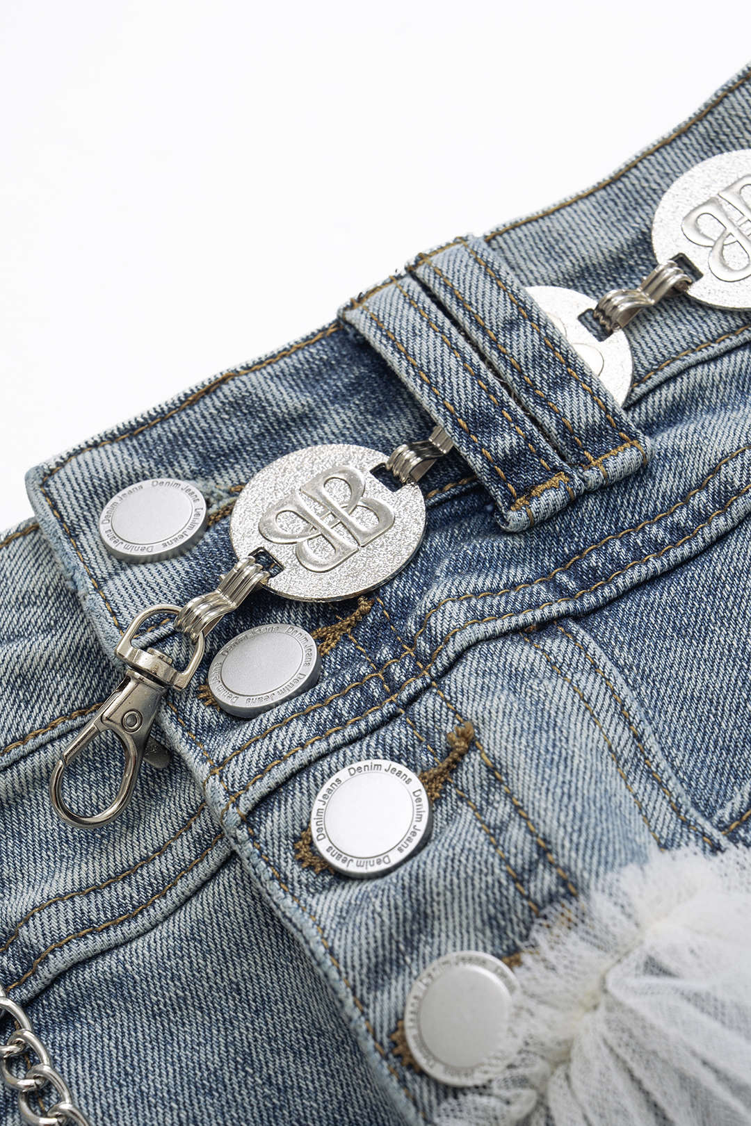 Denim Mesh Patchwork Mentalic Waist Chain Skirt