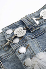 Denim Mesh Patchwork Mentalic Waist Chain Skirt