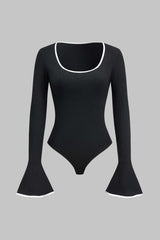 Contrast Binding Long Sleeve Bell Sleeve Bodysuit