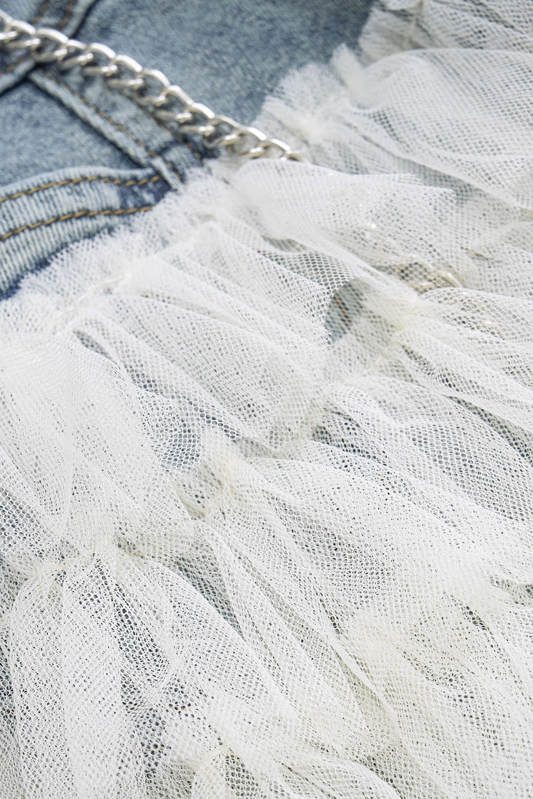 Denim Mesh Patchwork Mentalic Waist Chain Skirt