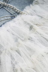 Denim Mesh Patchwork Mentalic Waist Chain Skirt