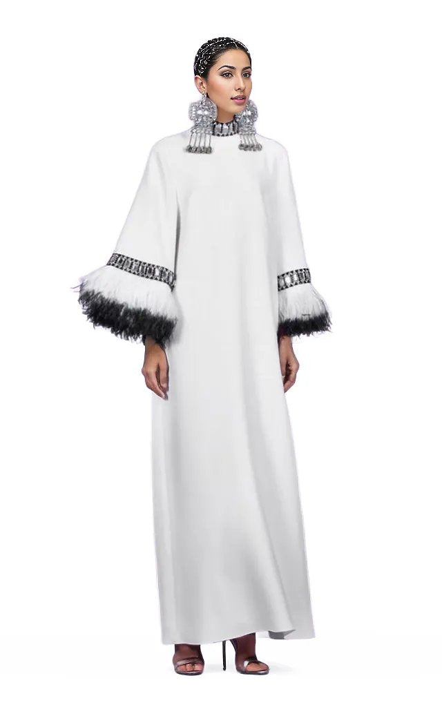 Feather-cuff kaftan gown with embellished collar – Zelphia