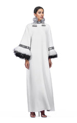 Feather-cuff kaftan gown with embellished collar – Zelphia