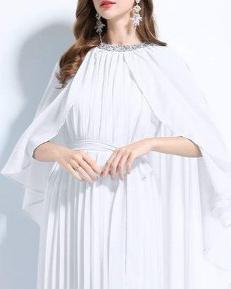 pleated flare dress with draped cape sleeves – AURORSA