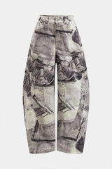 Abstract Print Buttoned Pocket Barrel Trousers