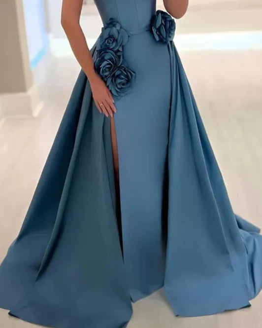 Strapless A-line gown with floral appliqué and front slit – AZURE