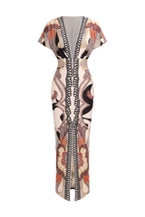 Geometric Leaves Print Ruched Short Sleeve Slit Midi Dress