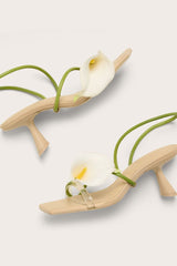 nude stiletto heels with white lily appliqué and green straps – BLOIMA