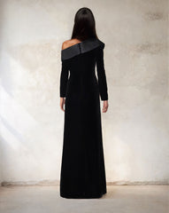 velvet column dress with crumple ruffle and long sleeves - QOLEN