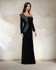 velvet column dress with crumple ruffle and long sleeves - QOLEN