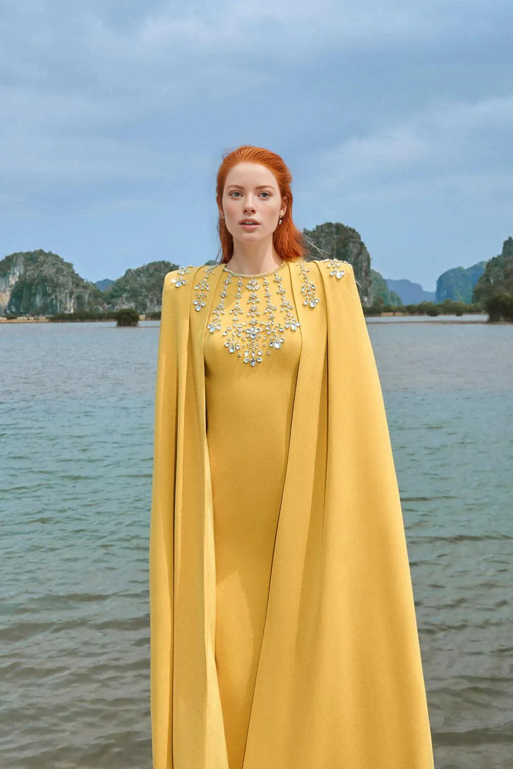 Embellished cape gown with high neckline – Zayin