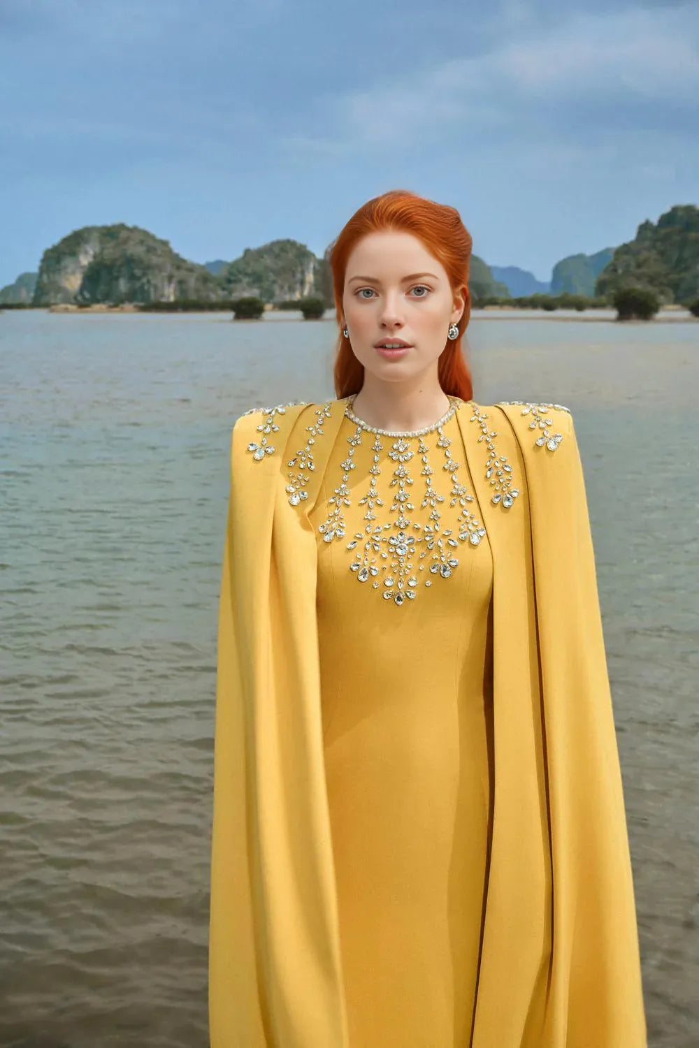 Embellished cape gown with high neckline – Zayin