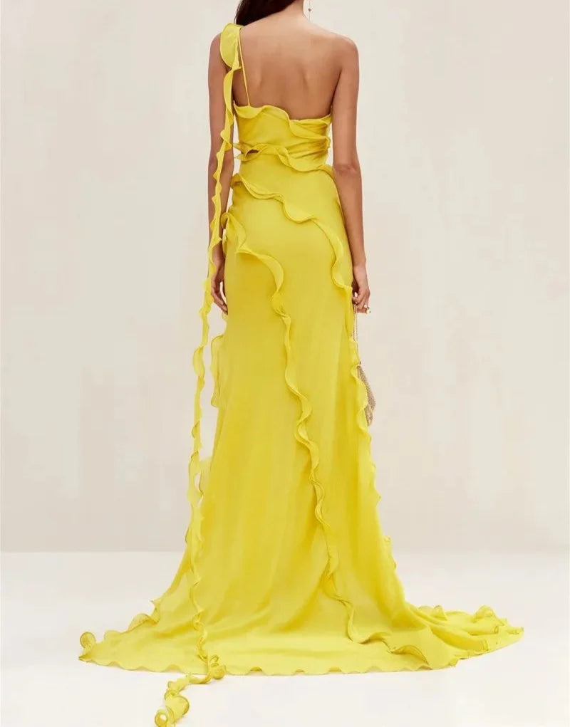 one-shoulder ruffle chiffon dress with high slit – GLORIA