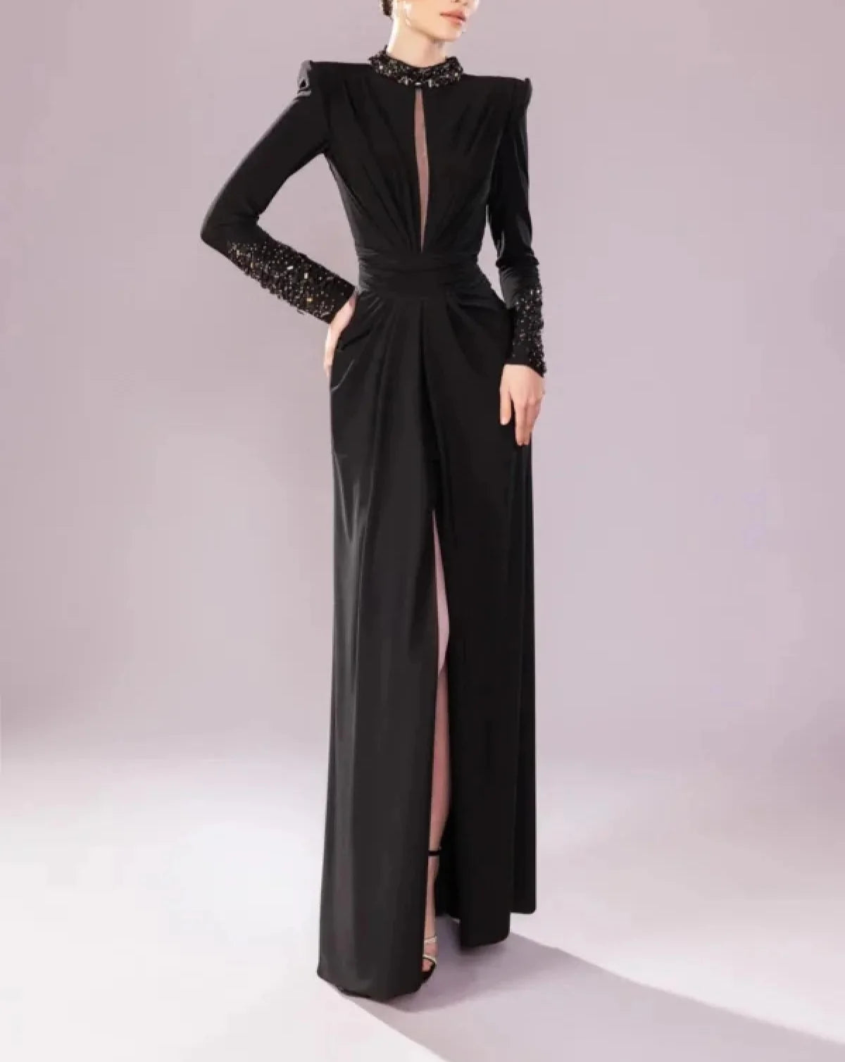 High-neck long-sleeve dress with embellished cuffs and front slit – ASTRD