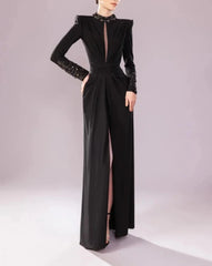 High-neck long-sleeve dress with embellished cuffs and front slit – ASTRD
