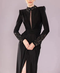High-neck long-sleeve dress with embellished cuffs and front slit – ASTRD