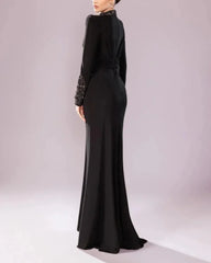 High-neck long-sleeve dress with embellished cuffs and front slit – ASTRD
