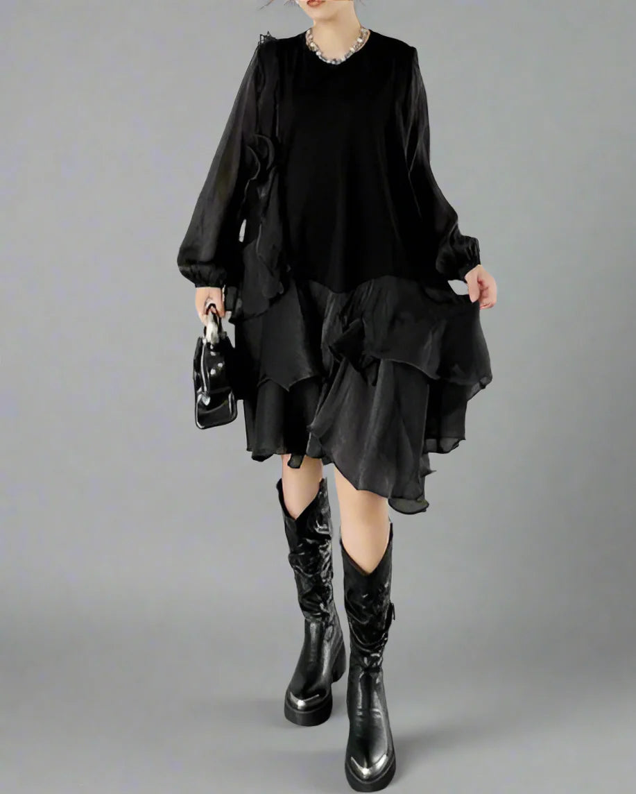 Ruffled asymmetrical dress with contrast sleeves - Nilku