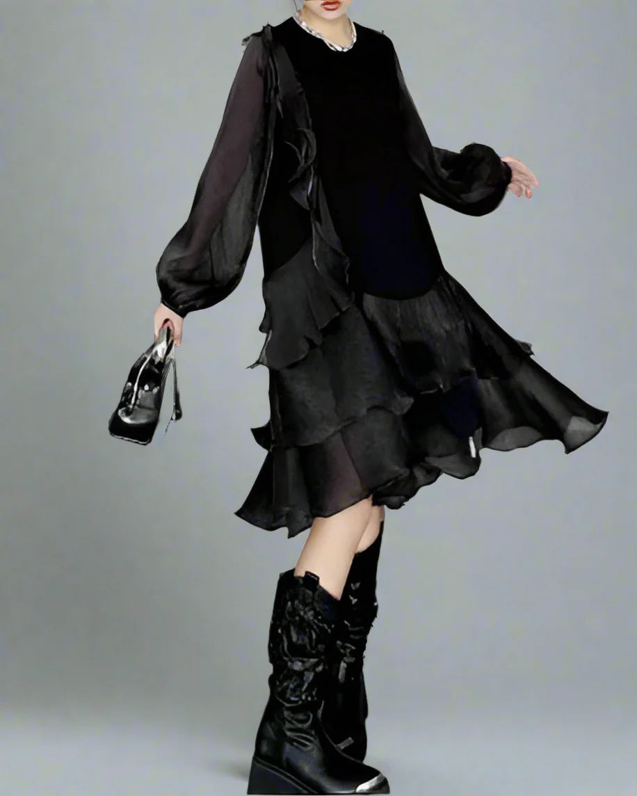 Ruffled asymmetrical dress with contrast sleeves - Nilku