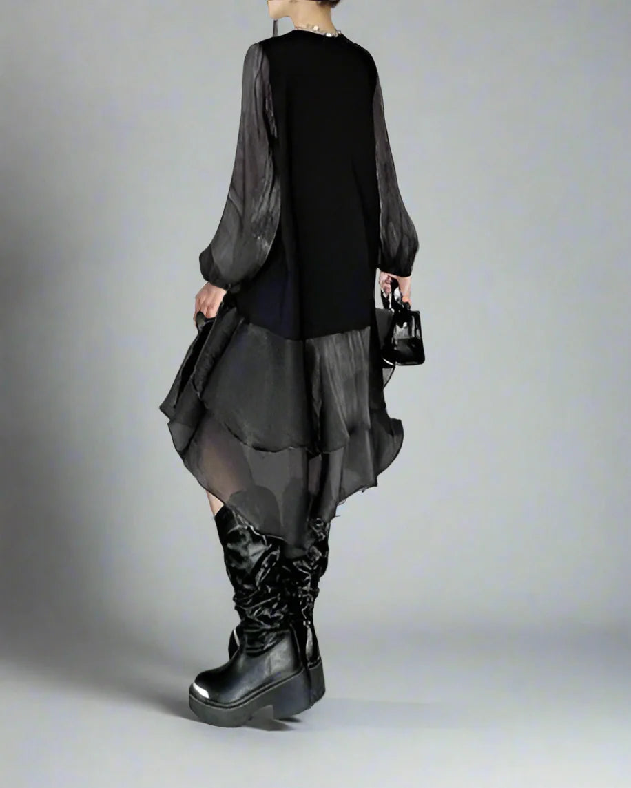 Ruffled asymmetrical dress with contrast sleeves - Nilku