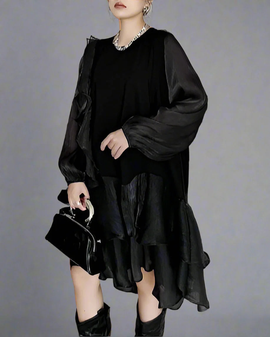 Ruffled asymmetrical dress with contrast sleeves - Nilku