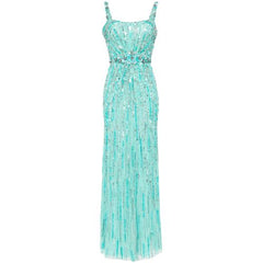 sleeveless sequin column dress with crystal waist – AQUA