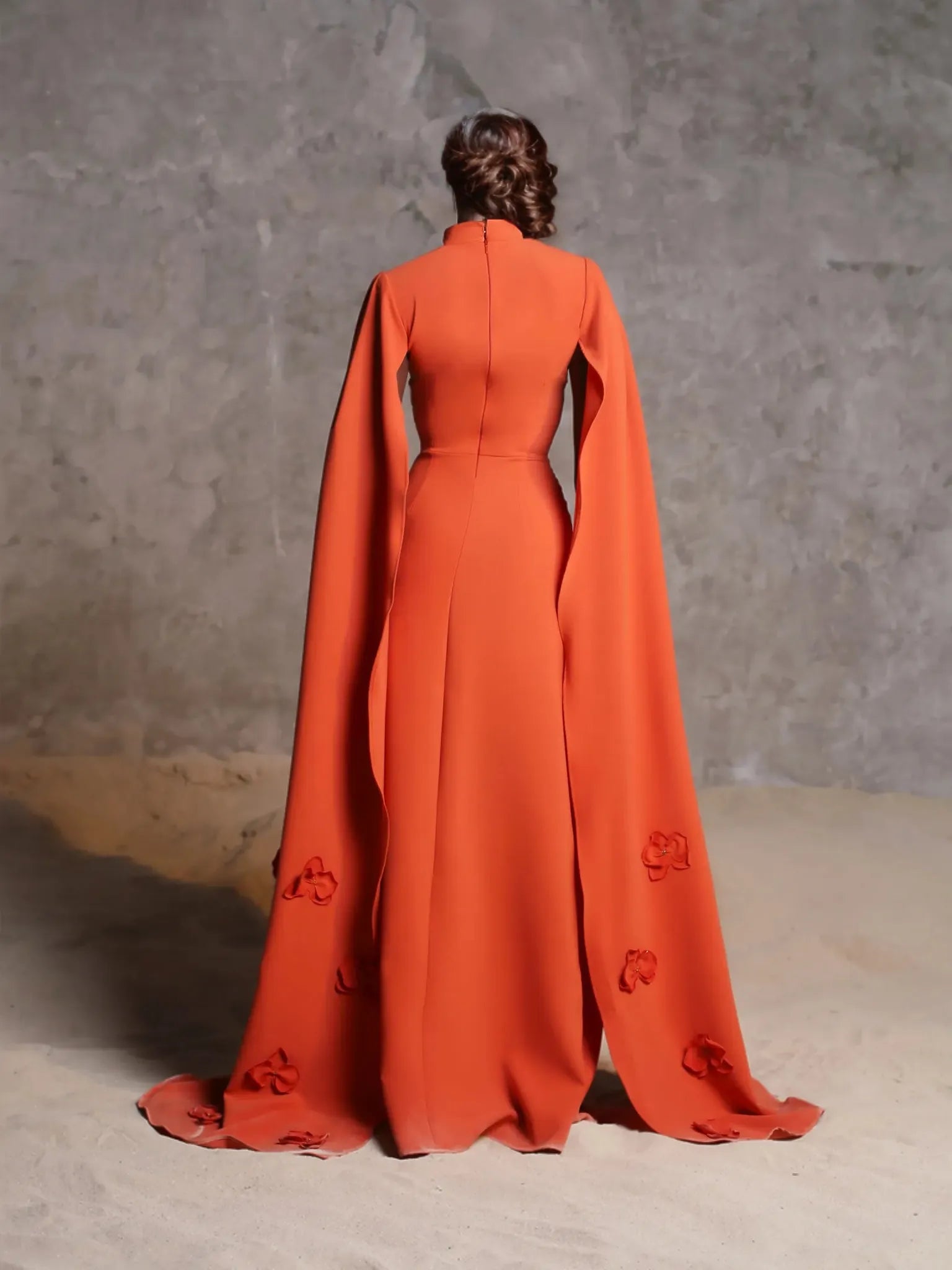 square-neck cape gown with floral appliqués – Ziyon