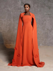 square-neck cape gown with floral appliqués – Ziyon