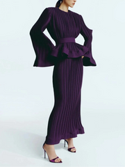 Pleated flared-sleeve top and maxi skirt set with waist belt – Rosiny
