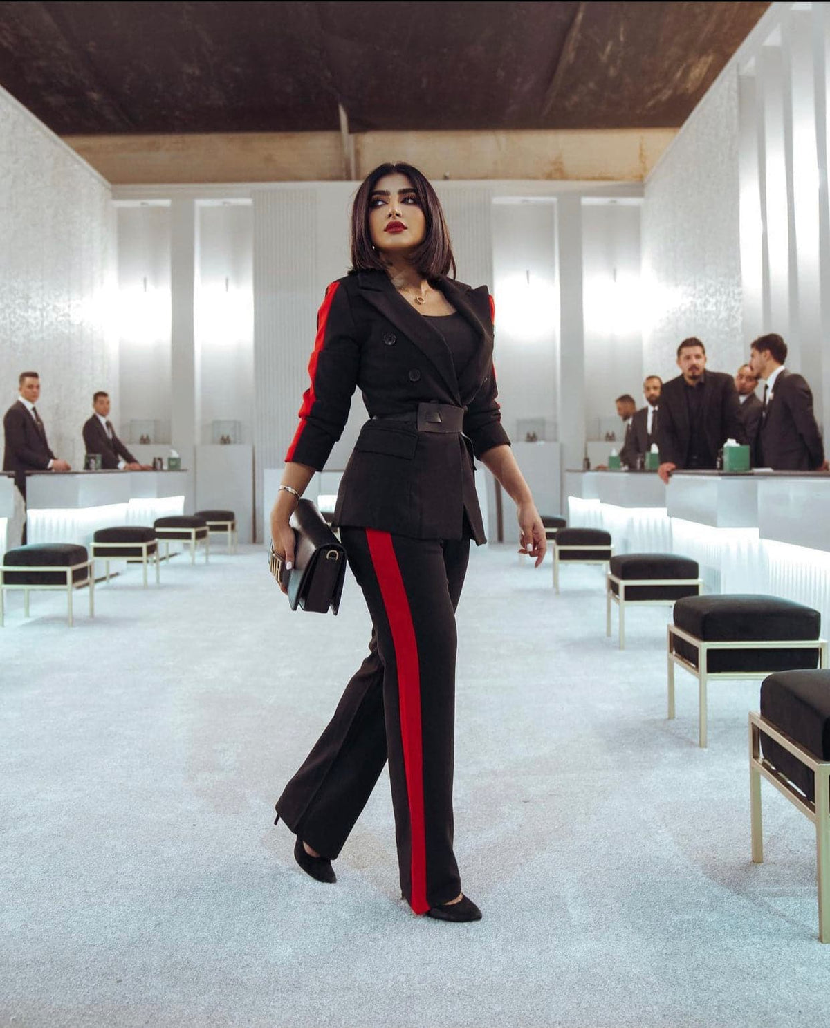 double-breasted tailored suit with contrast red accents - Enygeus
