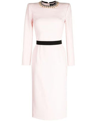 long-sleeve pencil dress with contrast waist band – SEREIN