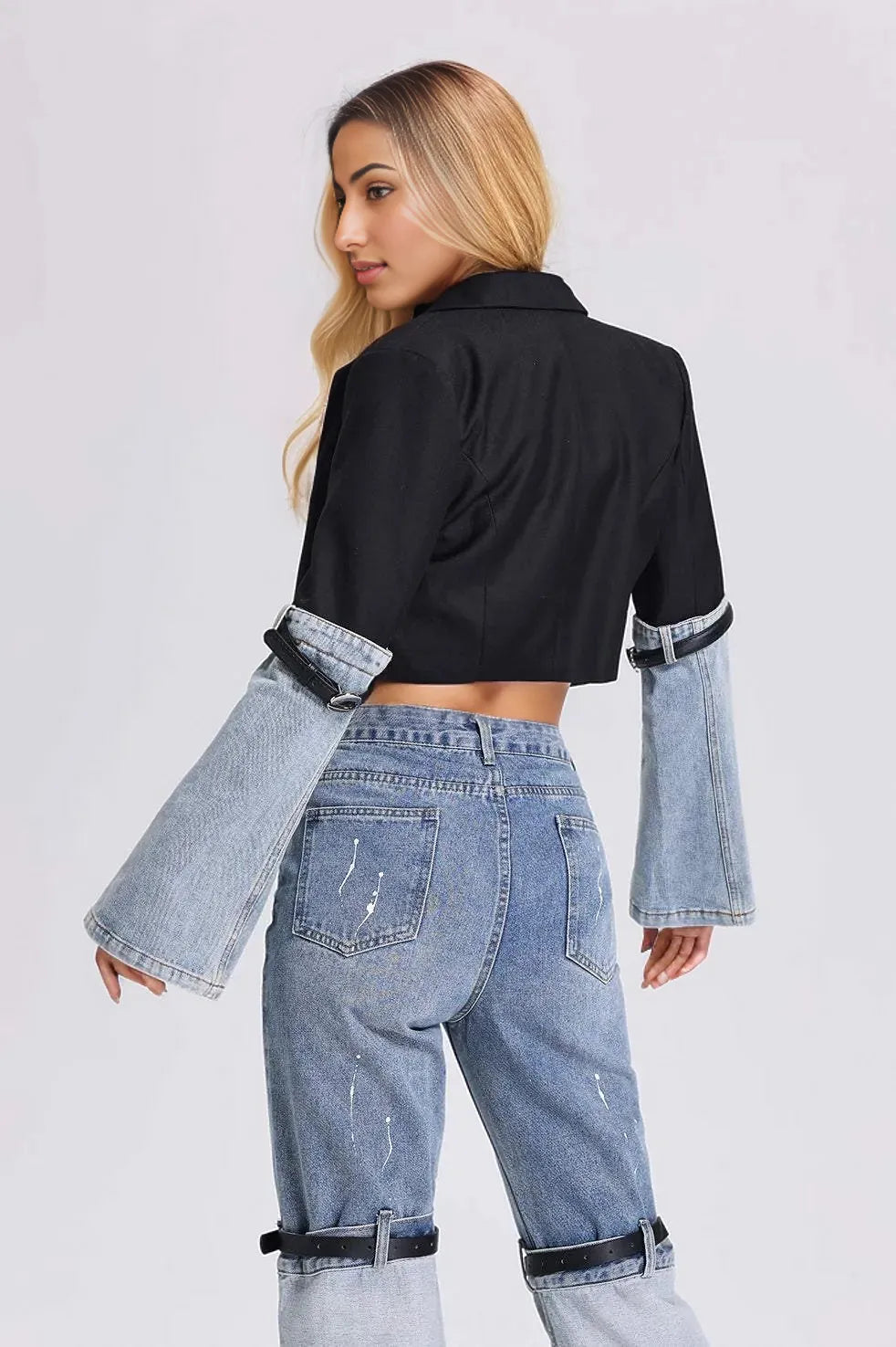 cropped contrast blazer with denim sleeves – Tamieka