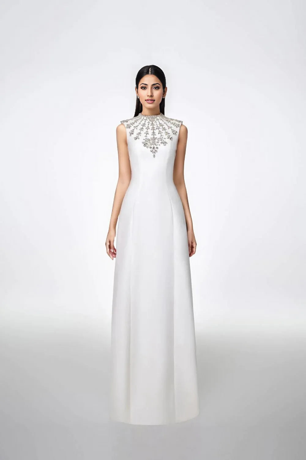 Sleeveless gown with embellished high neckline – Zobia