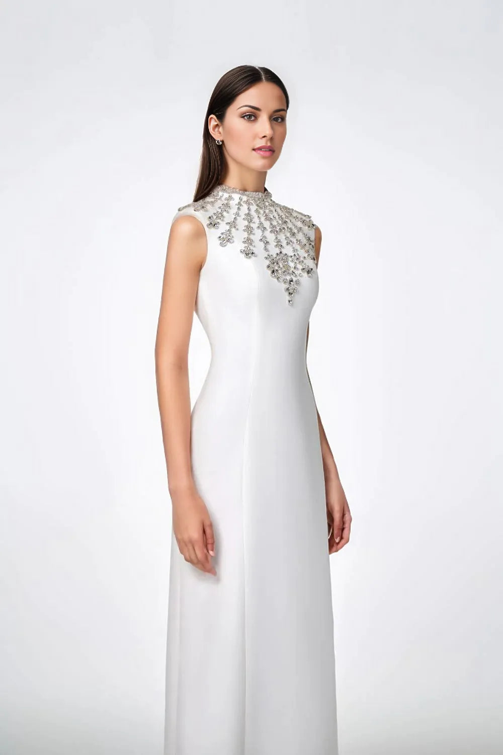 Sleeveless gown with embellished high neckline – Zobia