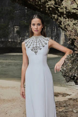 Sleeveless gown with embellished high neckline – Zobia