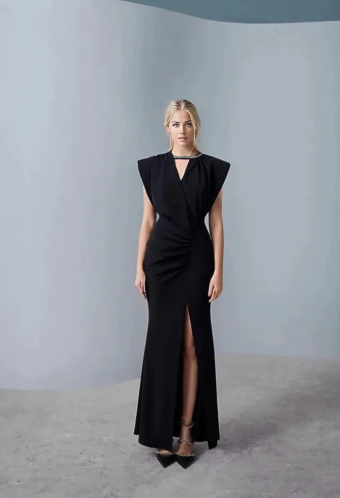 structured-shoulder slit gown – Velen