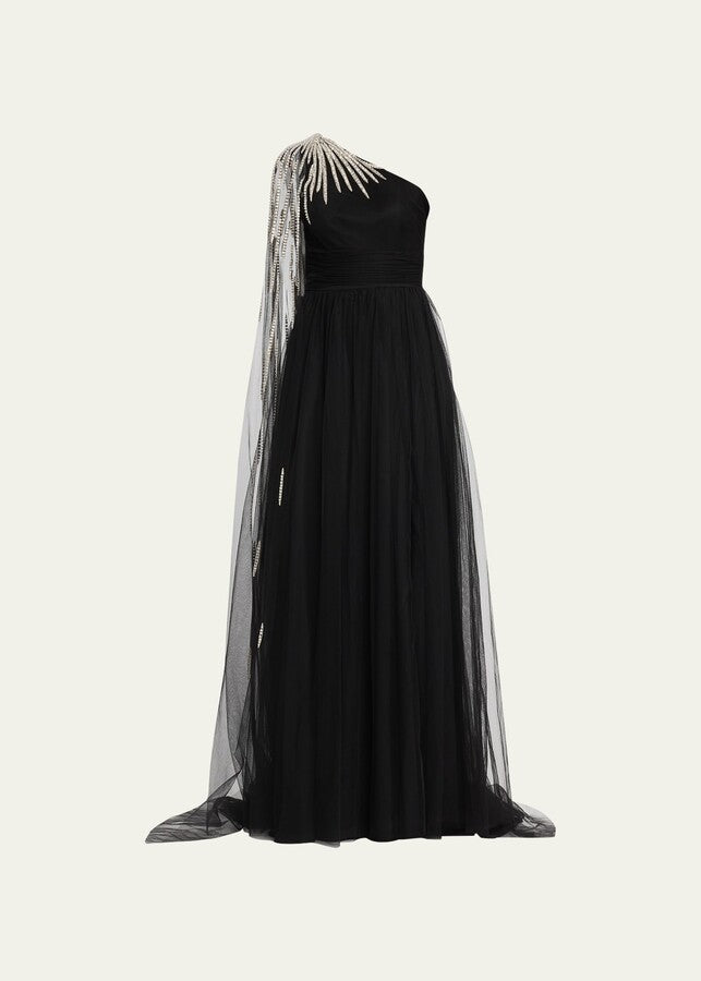 one-shoulder tulle gown with pearl drape – Polle