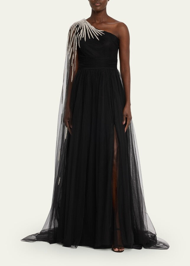 one-shoulder tulle gown with pearl drape – Polle