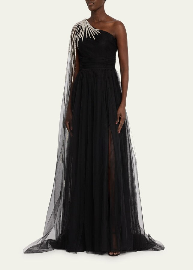 one-shoulder tulle gown with pearl drape – Polle